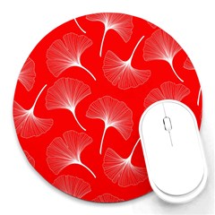 White Abstract Flowers On Red Round Mousepads by Dushan