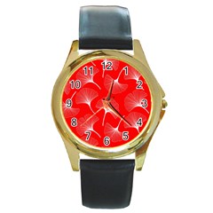 White Abstract Flowers On Red Round Gold Metal Watch by Dushan