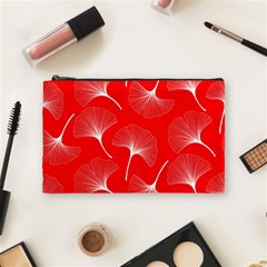 White Abstract Flowers On Red Cosmetic Bag (medium) by Dushan