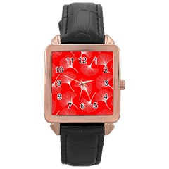 White Abstract Flowers On Red Rose Gold Leather Watch  by Dushan