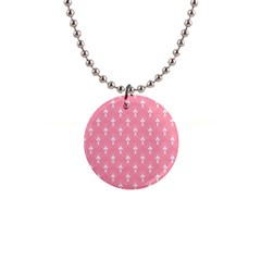 White And Pink Art-deco Pattern 1  Button Necklace by Dushan