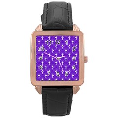 White And Purple Art-deco Pattern Rose Gold Leather Watch 