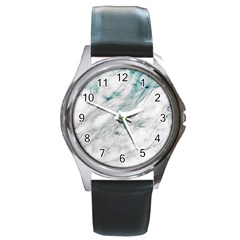 Gray Faux Marble Blue Accent Round Metal Watch by Dushan