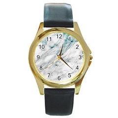 Gray Faux Marble Blue Accent Round Gold Metal Watch by Dushan