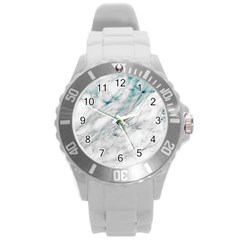 Gray Faux Marble Blue Accent Round Plastic Sport Watch (l) by Dushan