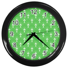 Green And White Art-deco Pattern Wall Clock (black) by Dushan