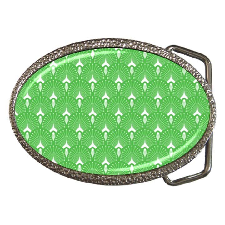 Green and white art-deco pattern Belt Buckles