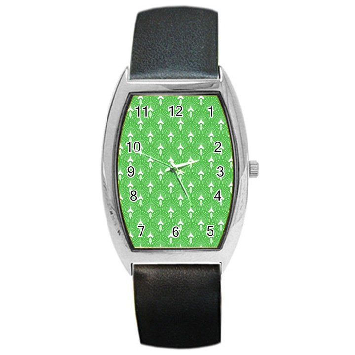 Green and white art-deco pattern Barrel Style Metal Watch