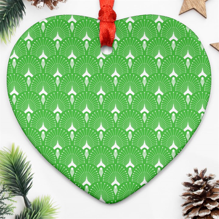 Green and white art-deco pattern Heart Ornament (Two Sides)