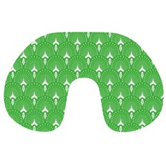 Green And White Art-deco Pattern Travel Neck Pillow by Dushan