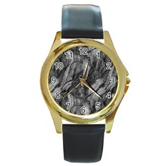 Black And White Rocky Texture Pattern Round Gold Metal Watch by dflcprintsclothing