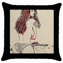 Beauty At The Beach, Hot Bikini Girl Illustration Throw Pillow Case (black) by Casemiro