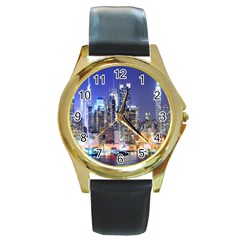 New-york Cityscape  Round Gold Metal Watch by Dushan