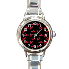 Red, Hot Jalapeno Peppers, Chilli Pepper Pattern At Black, Spicy Round Italian Charm Watch by Casemiro