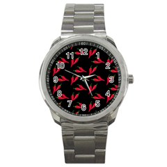 Red, hot jalapeno peppers, chilli pepper pattern at black, spicy Sport Metal Watch