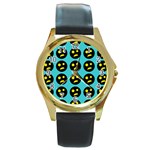 005 - Ugly Smiley With Horror Face - Scary Smiley Round Gold Metal Watch Front