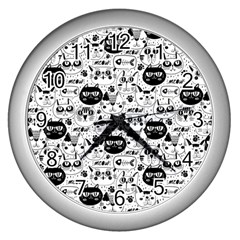 Cute Cat Faces Pattern Wall Clock (silver) by TastefulDesigns