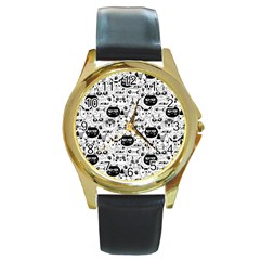 Cute Cat Faces Pattern Round Gold Metal Watch by TastefulDesigns