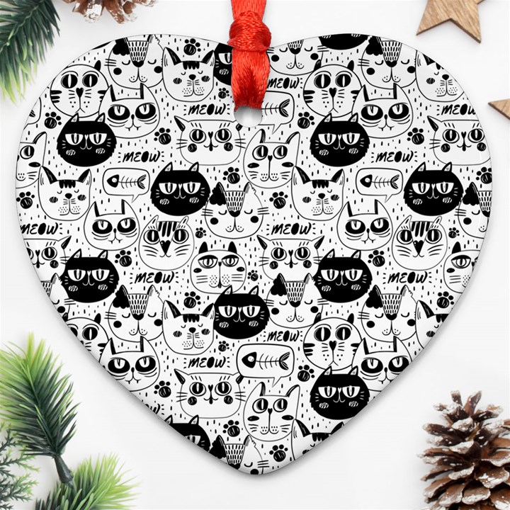 Cute Cat Faces Pattern Heart Ornament (Two Sides)