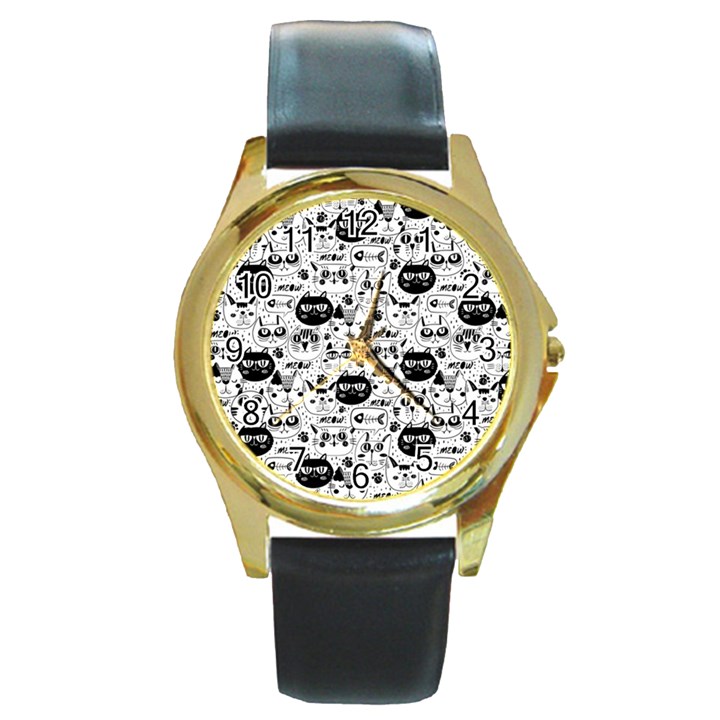 Cute Cat Faces Pattern Round Gold Metal Watch