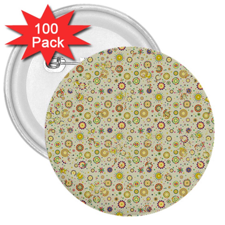 Abstract Flowers And Circle 3  Buttons (100 pack) 