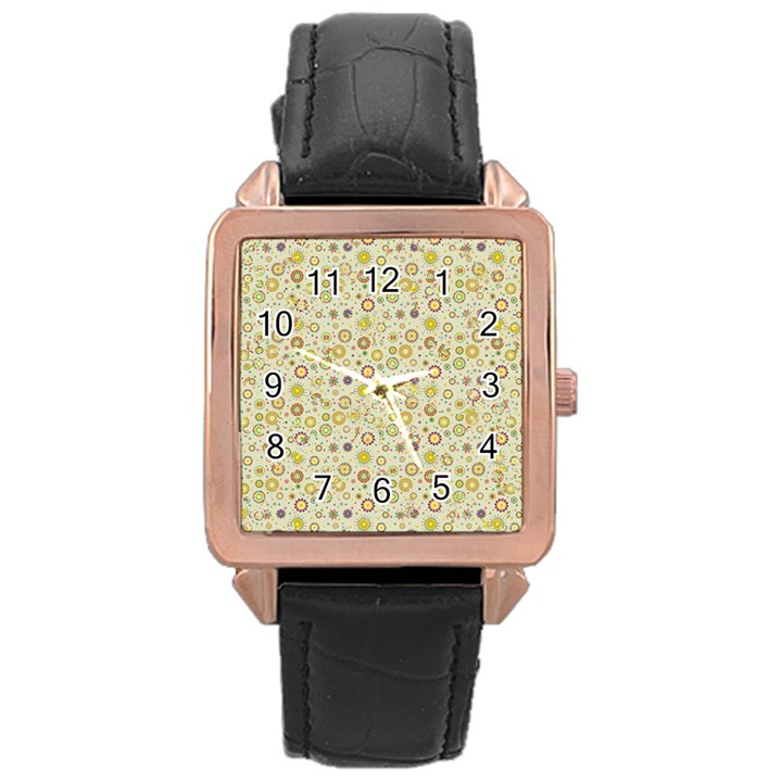 Abstract Flowers And Circle Rose Gold Leather Watch 