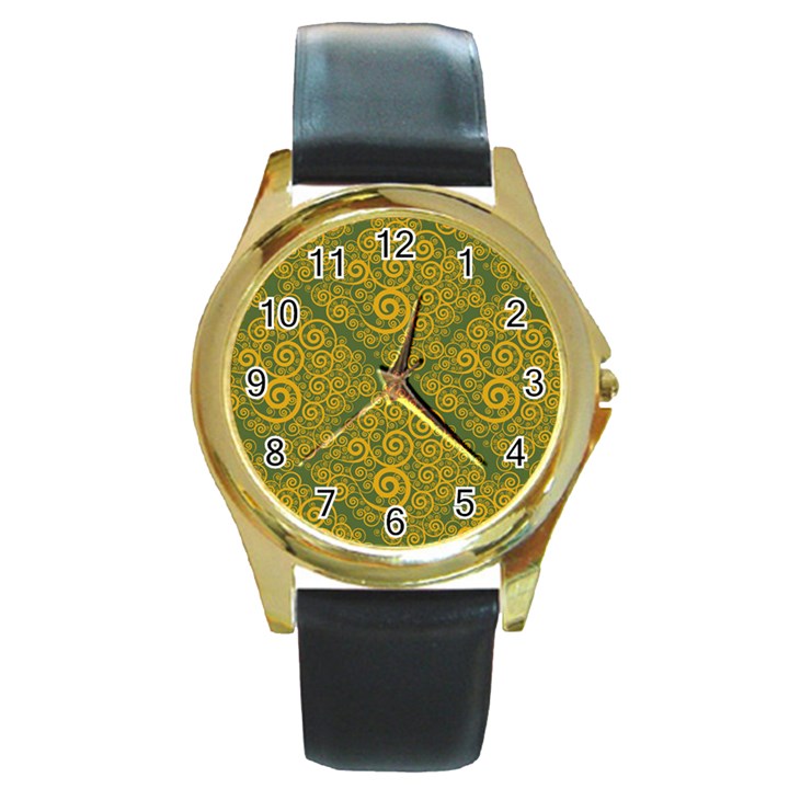 Abstract Flowers And Circle Round Gold Metal Watch