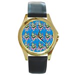 Monster And Cute Monsters Fight With Snake And Cyclops Round Gold Metal Watch Front