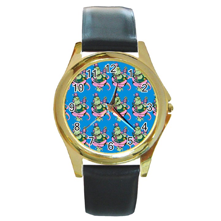 Monster And Cute Monsters Fight With Snake And Cyclops Round Gold Metal Watch