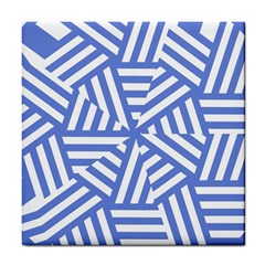 Geometric Blue And White Lines, Stripes Pattern Tile Coaster by Casemiro