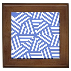 Geometric Blue And White Lines, Stripes Pattern Framed Tile by Casemiro