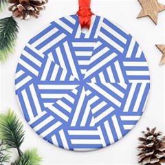 Geometric Blue And White Lines, Stripes Pattern Round Ornament (two Sides) by Casemiro