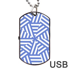 Geometric Blue And White Lines, Stripes Pattern Dog Tag Usb Flash (one Side) by Casemiro