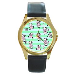 Cow Pattern Round Gold Metal Watch by designsbymallika