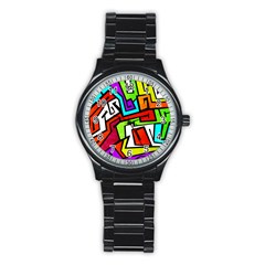 Graffitti Pattern Stainless Steel Round Watch by designsbymallika