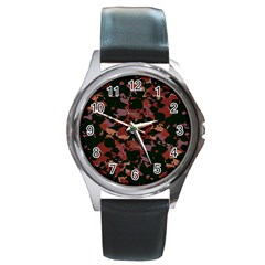 Red Dark Camo Abstract Print Round Metal Watch by dflcprintsclothing