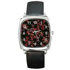 Red Dark Camo Abstract Print Square Metal Watch by dflcprintsclothing