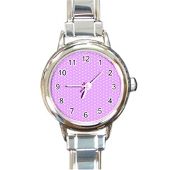 White Polka Dot Pastel Purple Background, pink color vintage dotted pattern Round Italian Charm Watch