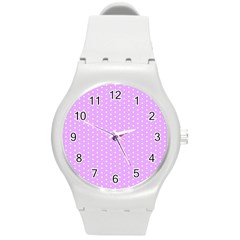 White Polka Dot Pastel Purple Background, pink color vintage dotted pattern Round Plastic Sport Watch (M)