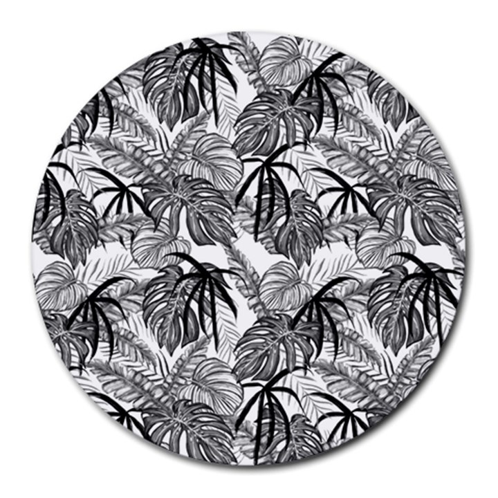 Black and white leafs pattern, tropical jungle, nature themed Round Mousepads