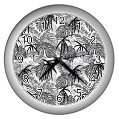 Black And White Leafs Pattern, Tropical Jungle, Nature Themed Wall Clock (silver) by Casemiro