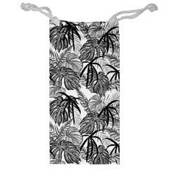 Black And White Leafs Pattern, Tropical Jungle, Nature Themed Jewelry Bag by Casemiro