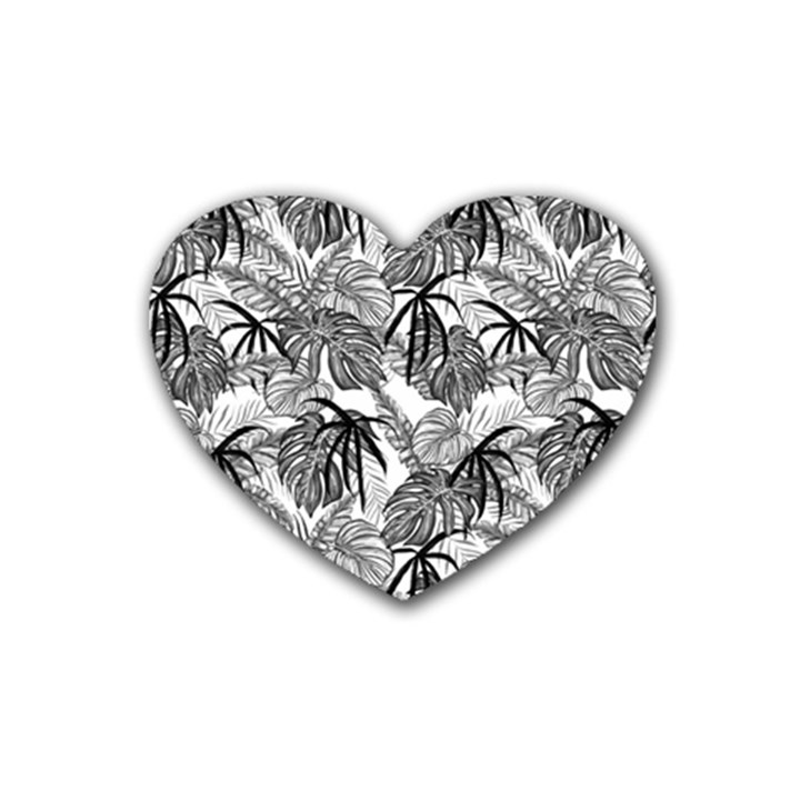 Black and white leafs pattern, tropical jungle, nature themed Rubber Coaster (Heart) 