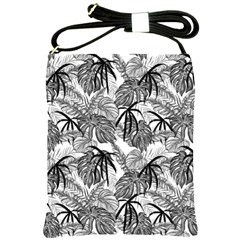 Black And White Leafs Pattern, Tropical Jungle, Nature Themed Shoulder Sling Bag by Casemiro