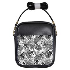 Black And White Leafs Pattern, Tropical Jungle, Nature Themed Girls Sling Bag by Casemiro