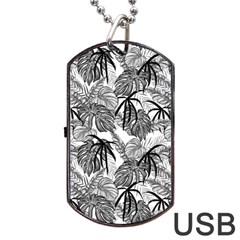 Black And White Leafs Pattern, Tropical Jungle, Nature Themed Dog Tag Usb Flash (two Sides) by Casemiro