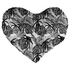 Black and white leafs pattern, tropical jungle, nature themed Large 19  Premium Heart Shape Cushions