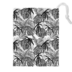 Black And White Leafs Pattern, Tropical Jungle, Nature Themed Drawstring Pouch (4xl)