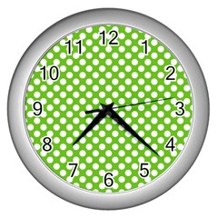 Pastel Green Lemon, White Polka Dots Pattern, Classic, Retro Style Wall Clock (silver) by Casemiro