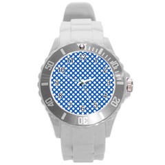 Pastel Blue, White Polka Dots Pattern, Retro, Classic Dotted Theme Round Plastic Sport Watch (l) by Casemiro